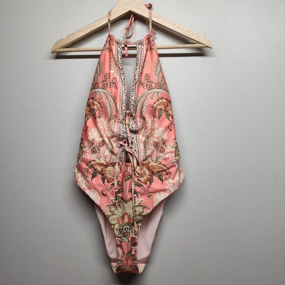Cosita Linda One Piece Swimsuit Women Size M Peach Floral Embellished Halter - Picture 1 of 10